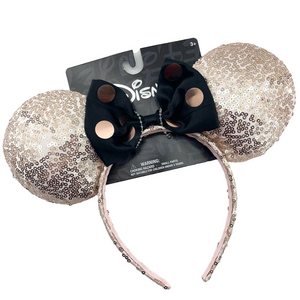 NWT Light Rose Pink Disney Sequin Minnie Mouse Ears Headband Black Polka Dot Bow
